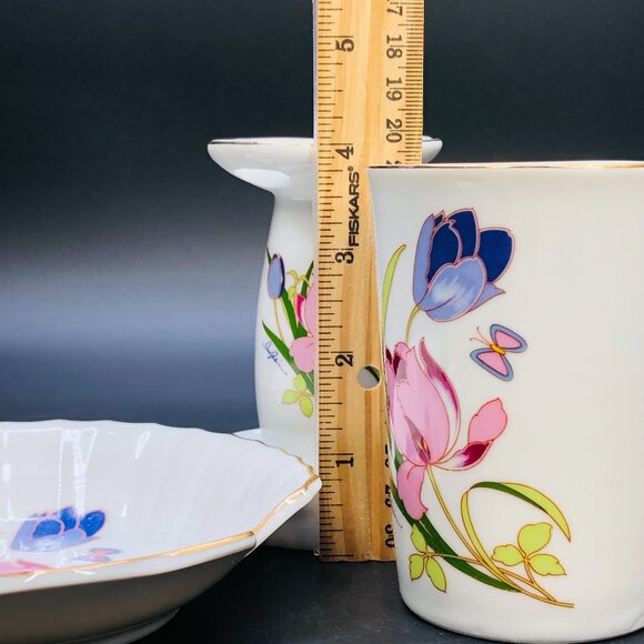 80s Floral Porcelain Vanity Accessory SET - toothbrush holder/soap dish/cup- NOS - Picture 11 of 11